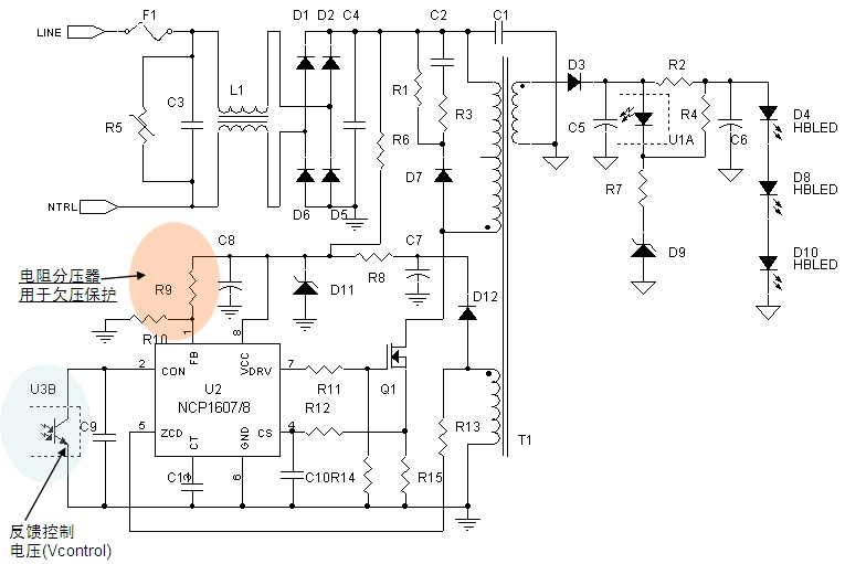 圖4:基于NCP1607/8 PFC控制器的8 W-25 W AC-DC LED照明應(yīng)用示意圖
