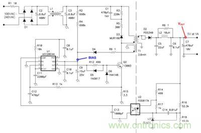 移動設(shè)備充電器所使用的一個5V/5W非連續(xù)反向電源的原理圖