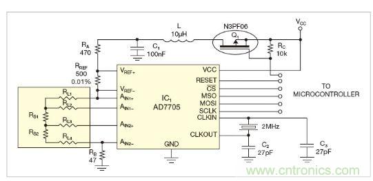 圖1:測量電路測三個點的值,微控制器就可以計算出傳感器值