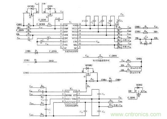 圖1為四節(jié)電池串聯(lián)使用時的保護(hù)系統(tǒng)原理圖