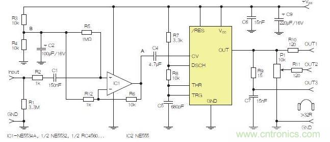 含運(yùn)算放大器和NE555定時(shí)器的耳機(jī)和音頻線(xiàn)路驅(qū)動(dòng)器。也可以使用CMOS版本(如LMC555)，但輸出電流較低。其優(yōu)點(diǎn)為工作頻率較高。