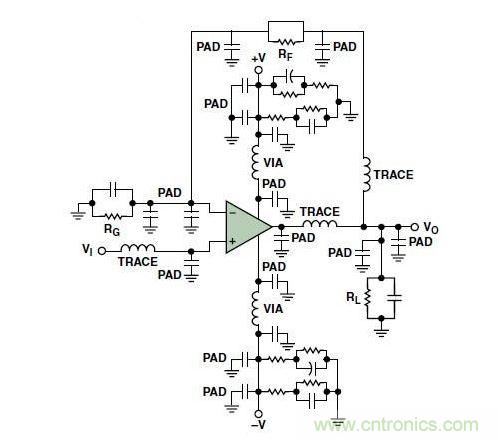 典型的運(yùn)算放大器電路，(a)原設(shè)計(jì)圖，(b)考慮寄生效應(yīng)后的圖