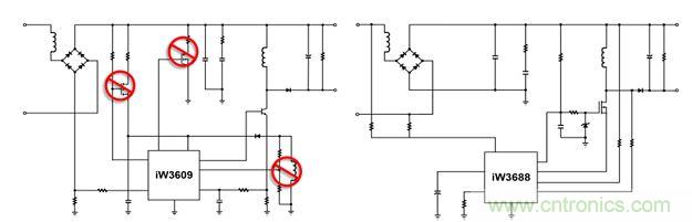 相比前代產(chǎn)品iW3609（左），iW3688（右）采用專利數(shù)字算法，完全消除了外部泄放電路、外部VCC電路和啟動(dòng)電路