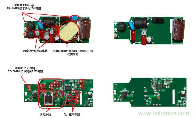 iW3688消除了20 多個(gè)外部元器件，降低BOM成本達(dá)20%~25%（左右分別為方案對(duì)比，上下為PCB正反面）