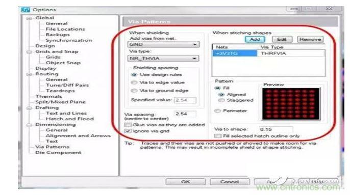 利用支持射頻設(shè)計(jì)的PCB 設(shè)計(jì)工具，您可以設(shè)置用于生成過孔模式的設(shè)計(jì)規(guī)則，并自動(dòng)在您的設(shè)計(jì)中強(qiáng)制實(shí)施這些規(guī)則，從而節(jié)省您的時(shí)間和確保符合您的所有設(shè)計(jì)規(guī)則。