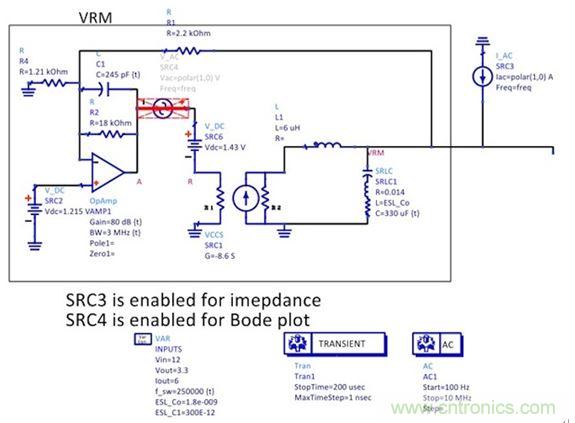 圖5：簡(jiǎn)化后的狀態(tài)空間平均模型顯示了誤差放大器電路、功率級(jí)跨導(dǎo)和輸出電容。