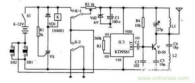 【導(dǎo)讀】隨著環(huán)保意識(shí)的增強(qiáng)，電動(dòng)車(chē)已大量進(jìn)入我們家庭，成為部分人必不可少的交通工具。如何防止電動(dòng)車(chē)被盜則是車(chē)主十分關(guān)心的問(wèn)題，為此，出現(xiàn)了各類(lèi)電動(dòng)車(chē)防盜鎖。除此之外呢？還有什么好的方法防盜呢？我們?yōu)榇蠹医榻B一款電動(dòng)車(chē)防盜報(bào)警器電路圖。  各類(lèi)電動(dòng)車(chē)防盜鎖大量涌出，但是，電動(dòng)車(chē)被盜現(xiàn)象仍層出不窮，較高級(jí)的電動(dòng)車(chē)防盜鎖在短時(shí)間內(nèi)難以破壞，盜賊便將電動(dòng)車(chē)搬上其它車(chē)輛上盜走，這樣，再高級(jí)的防盜鎖也顯得無(wú)能為力了。鑒于此，我們?yōu)榇蠹医榻B一款電動(dòng)車(chē)防盜報(bào)警器電路圖。 1 報(bào)警器發(fā)射機(jī)部分是由繼電器K和可控硅VS用來(lái)控制發(fā)射機(jī)電路的電源。IC1組成警聲信號(hào)電路。晶體管V及其外圍元件組成射頻振蕩電路，發(fā)射報(bào)警信號(hào)。  在等待狀態(tài)時(shí)，開(kāi)關(guān)S1接通，而SB1斷開(kāi)（即車(chē)頭鎖被鎖住），K就處在釋放狀態(tài)，報(bào)警發(fā)射機(jī)不工作。當(dāng)車(chē)頭鎖被打開(kāi)時(shí)（即SB1接通），VS被觸發(fā)導(dǎo)通，K吸合，接通發(fā)射機(jī)電源。SB1接通后，K-2的常開(kāi)點(diǎn)將其自鎖，此時(shí)只有斷開(kāi)S1報(bào)警方能結(jié)束。在K動(dòng)作時(shí)，其常閉觸點(diǎn)K-l斷開(kāi)，切斷發(fā)動(dòng)機(jī)點(diǎn)火電路。  接收機(jī)電路由TDA7010和開(kāi)關(guān)功放TWH8778、TWH68組成。當(dāng)IC2 收到報(bào)警信號(hào)時(shí)其互腳的高電平通過(guò)IC3經(jīng)IC4放大由TWH15放出報(bào)警聲。但要考慮到頻率的穩(wěn)定性，因?yàn)?010自身沒(méi)有頻率穩(wěn)定電路，在工作時(shí)要多作檢測(cè)，最好用印制板和貼片元件。  按上述操作方法停放車(chē)輛后，報(bào)警器即進(jìn)入待報(bào)警狀態(tài)。在待報(bào)警期間，只要有人無(wú)論用什么方法打開(kāi)車(chē)頭鎖或搬移車(chē)輛，都將觸發(fā)報(bào)警器報(bào)警不停，并切斷發(fā)動(dòng)機(jī)電源使車(chē)輛無(wú)法起動(dòng)，直至車(chē)主人趕來(lái)將點(diǎn)火鑰匙插入點(diǎn)火鎖內(nèi)轉(zhuǎn)到關(guān)的位置，報(bào)警才能解除。