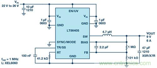 42 V、6 A（峰值7 A）、超低EMI輻射、高效率降壓型穩(wěn)壓器