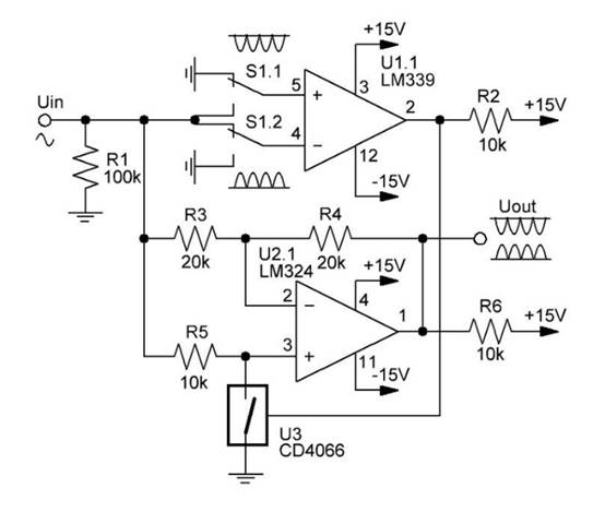 運算放大器上的兩個半周期整流器 運算放大器上的兩個半周期整流器